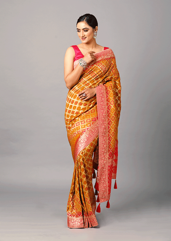 Mustard And Red Saree In Georgette