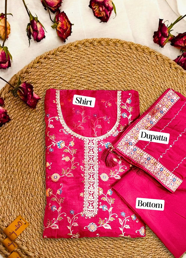Festive Pink Banarasi Silk Suit Set