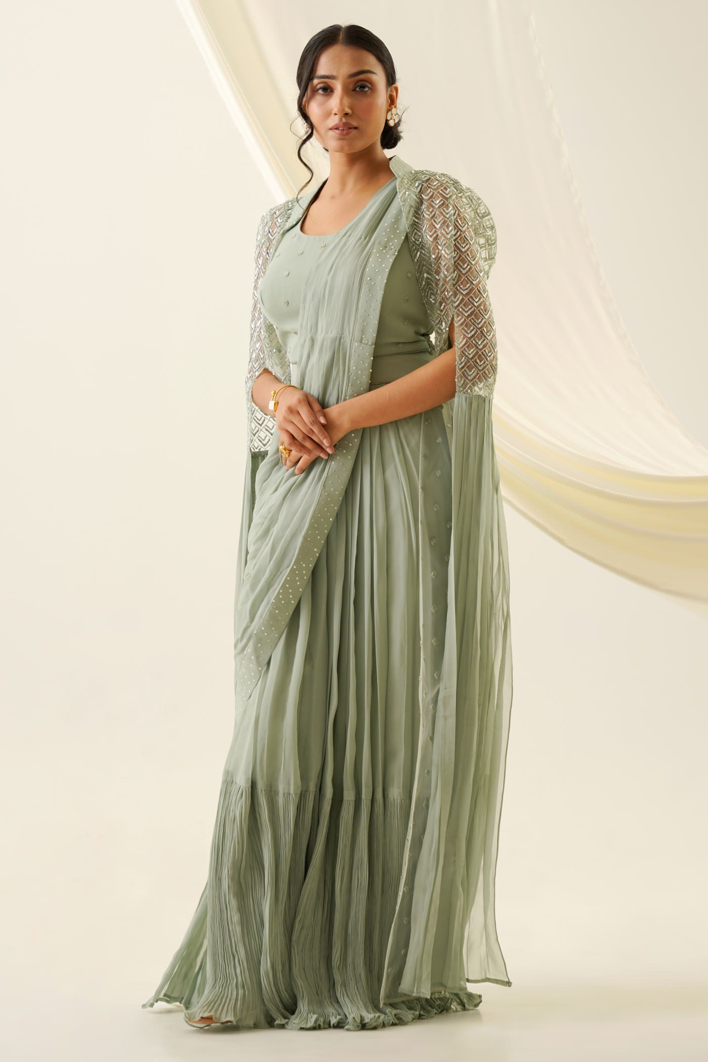 Sage green crepe silk saree