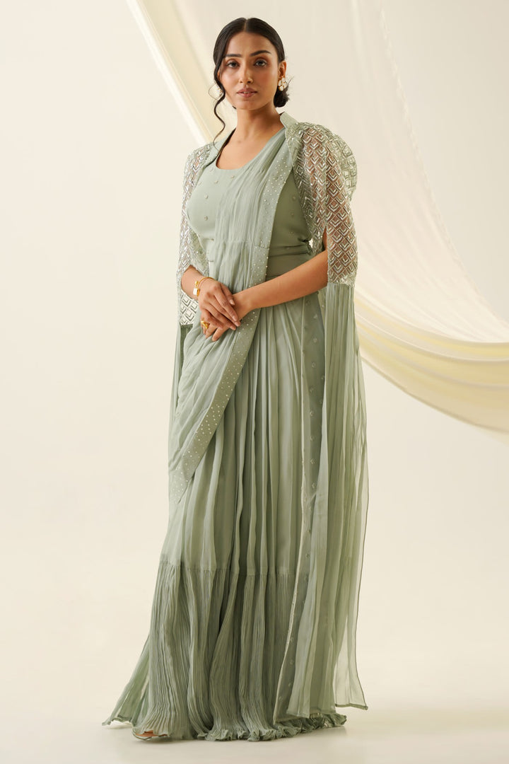 Sage green saree with cape