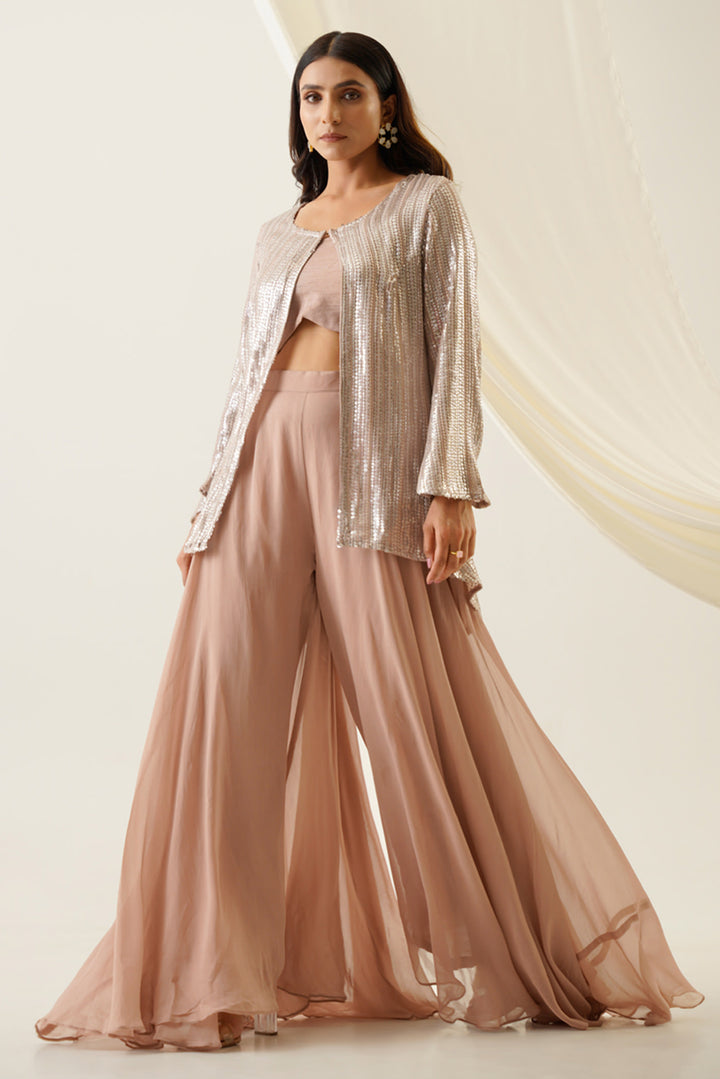 Beige crop top and plazo with sequin cape