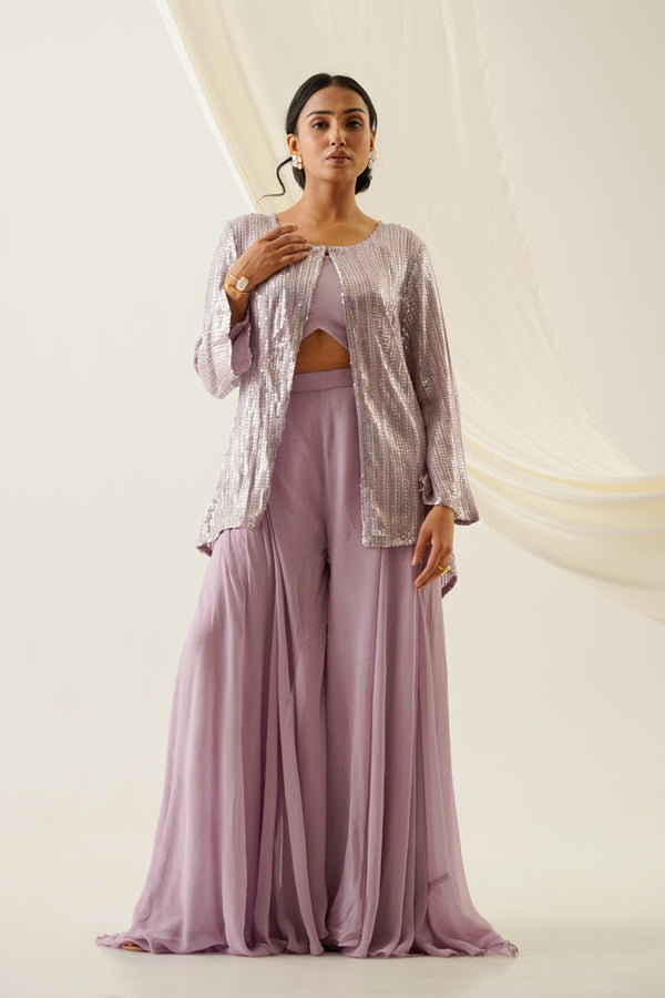 Lilac crop top & plazo  set with sequin cape