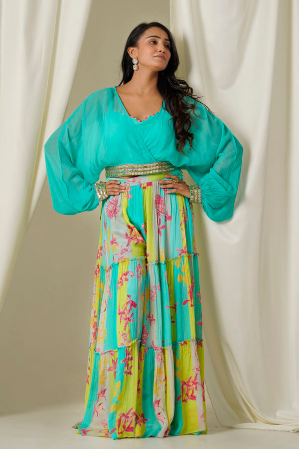 Turquoise crop top & plazo set with kimono sleeve