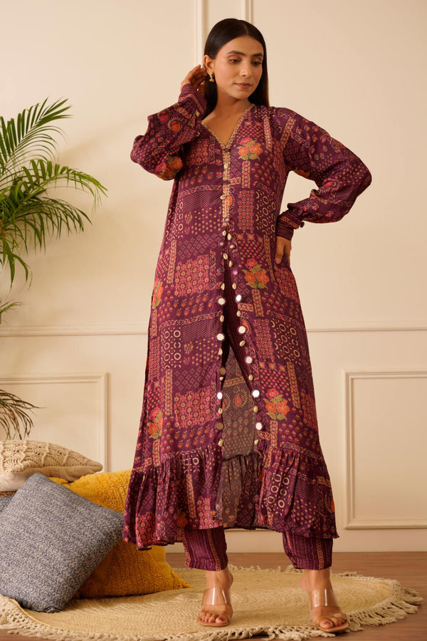 Purple printed front cut A-line kurta with pants