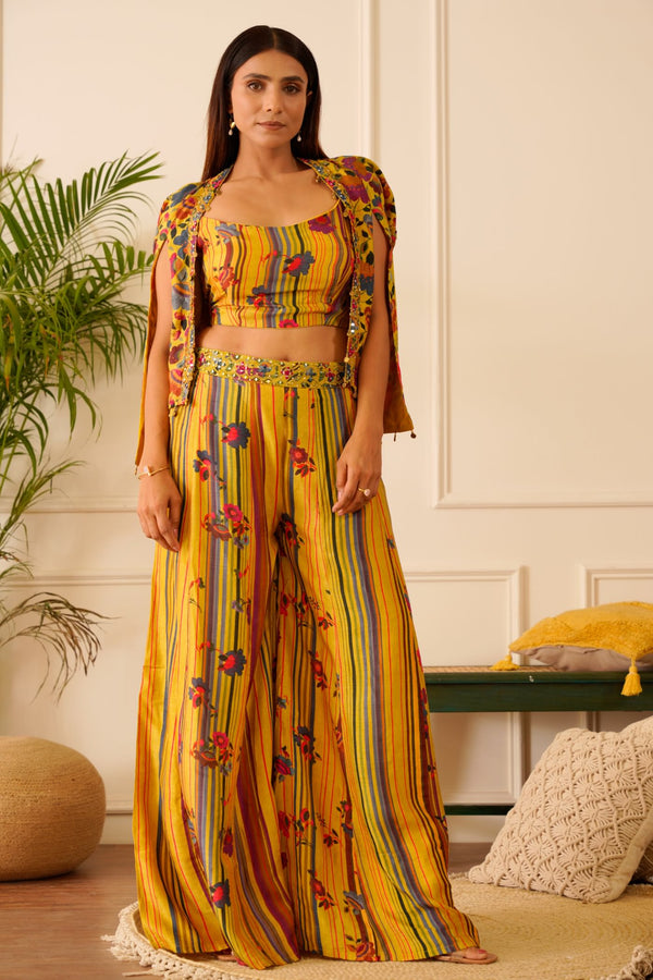 Mustard yellow printed  co ord set with cape