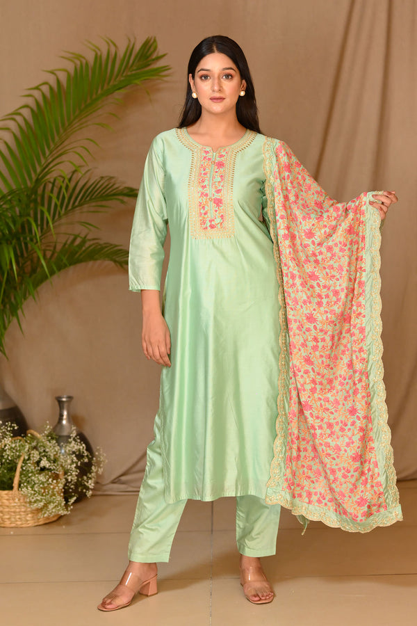 Green suit with printed dupatta