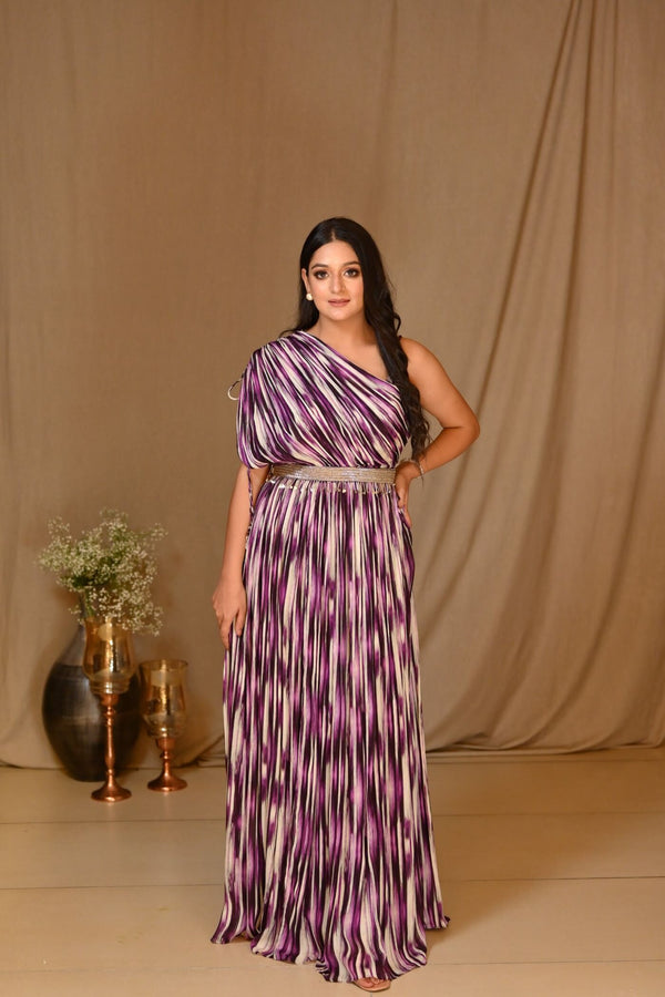 Purple and white striped gown with belt