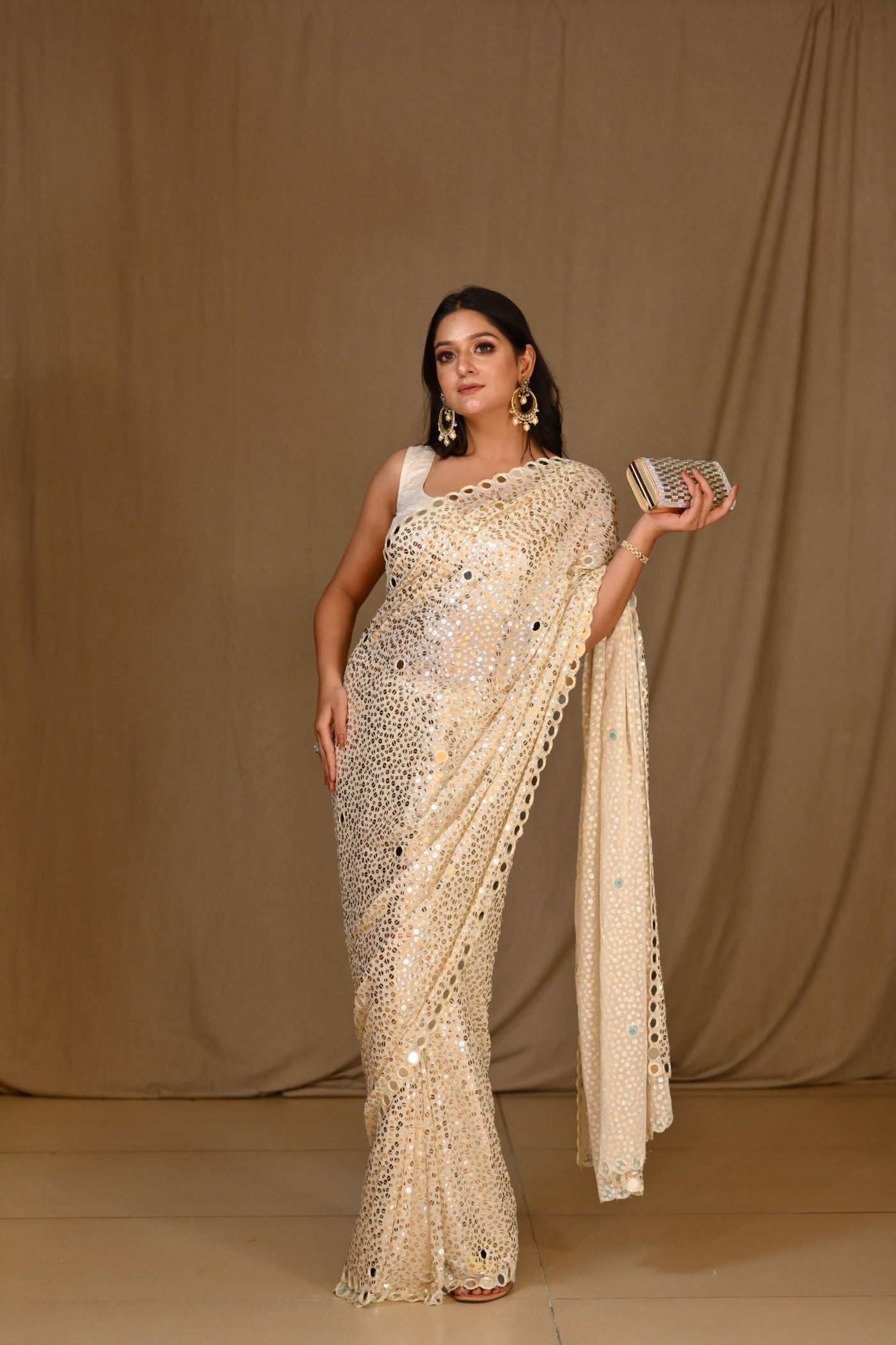 Buy Off White Sequins Georgette Saree - Koskii