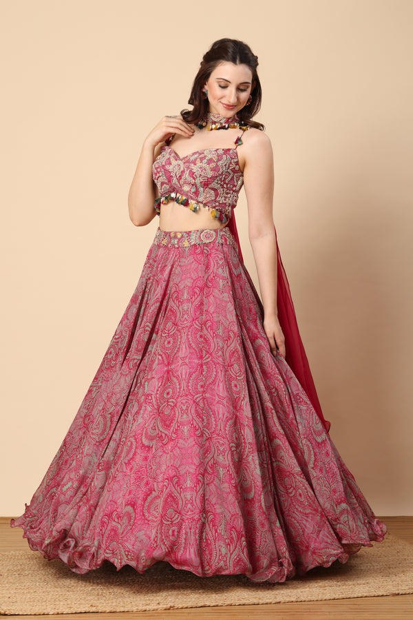 Majenta printed Lehenga set with resham work