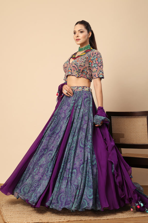 Navy blue Printed Organza Embroidered lehenga  Set