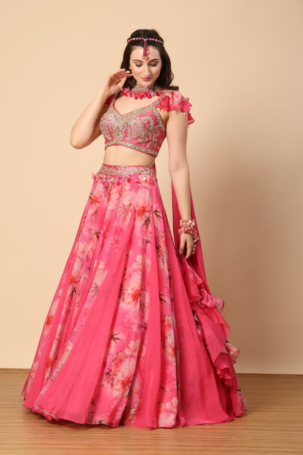 Hot Pink Printed Organza Embroidered lehenga set