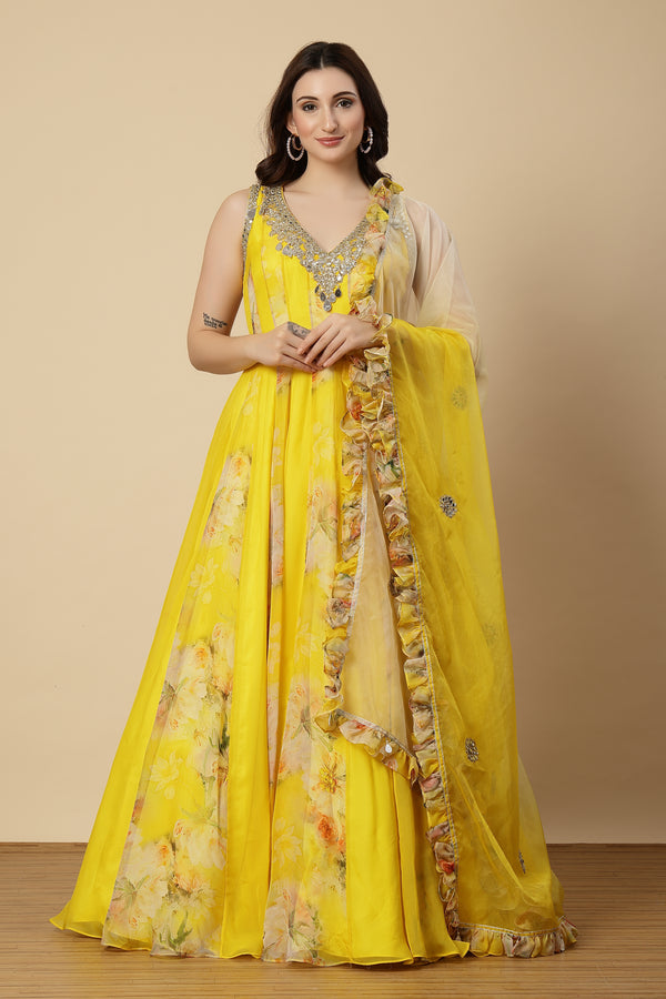 Yellow organza printed anarkali set