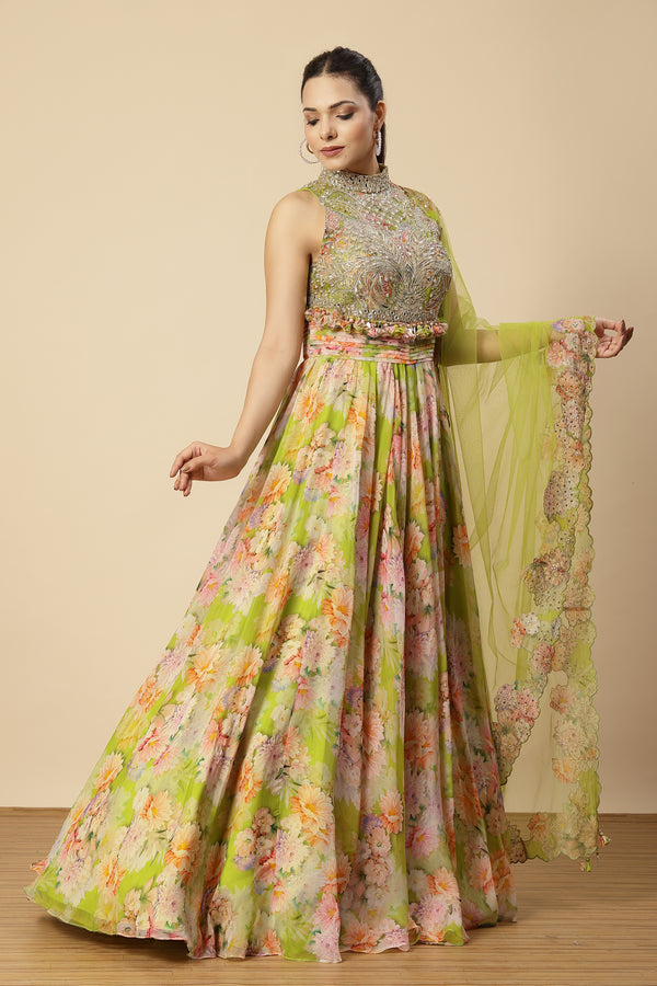 Lime green elegant style organza anarkali set