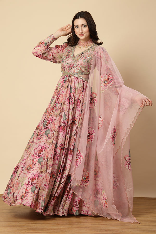 Pink charm flower petal printed organza anarkali set with mirror work