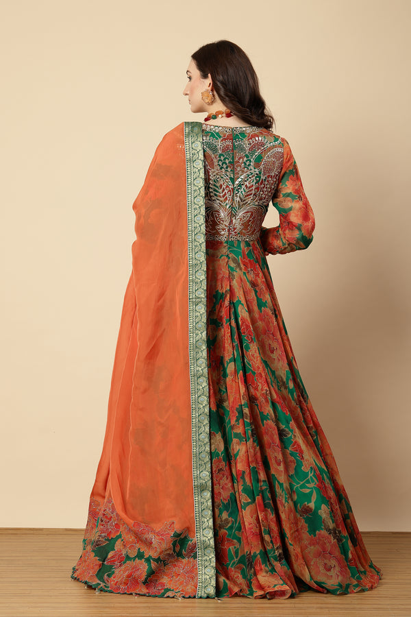 Green printed organza anarkali set with gota patti and mirror maze work