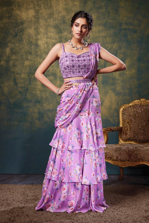 Lilac Indo Western Saree With Belt