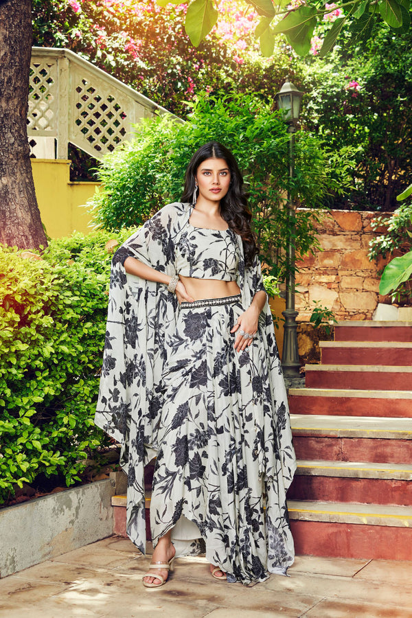 Black Floral Crop Top and Dhoti  with Cape