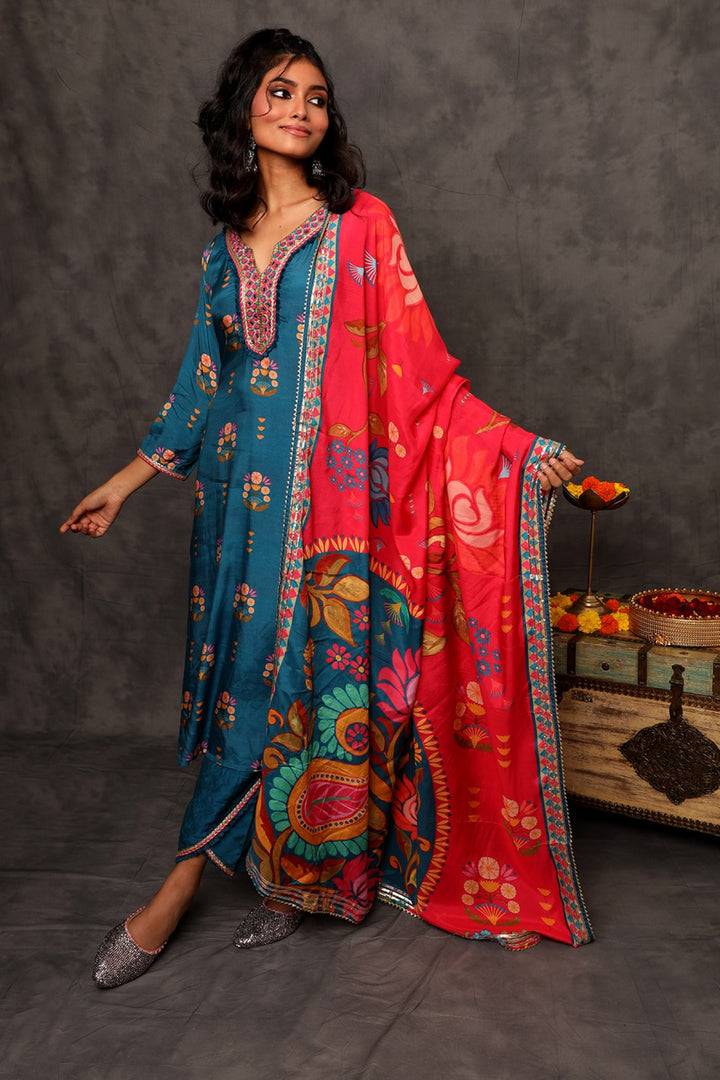 Blue Printed Suit with Dupatta