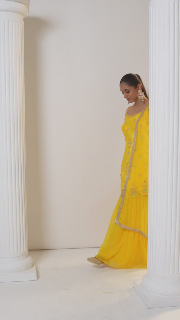 Yellow Sharara Suit in Satin Fabric